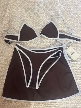 NWT WILO Women’s 3-Piece Brown Swim Set with Baby Blue Trim Size XS
